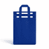 A blue insulated reusable bag with multiple handles and a smooth surface, featuring a logo.