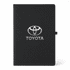 A black A5 notebook with a glossy logo on the front cover. It features a simple design and a secure closure.