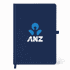 A navy A5 smart notebook with a logo on the cover and a matching ribbon bookmark.