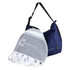 A grey and white towel with fringes is bundled with a navy blue cooler bag, featuring a logo on the towel.