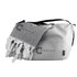 A cooler bag in grey with a black strap, alongside a matching grey towel featuring tassels and a logo.