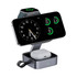 A 15W magnetic wireless charging station in silver, featuring a phone holder, smartwatch dock, and AirPods charging slot.