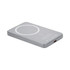 A grey MagSafe wireless power bank with a circular charging area and a USB-C port. It has a branding logo.