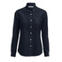 A navy blue women's oxford shirt featuring a button-down collar and a chest pocket. It has long sleeves and a logo.