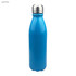A drink bottle in light blue with a shiny aluminium finish and a stainless steel cap. It features a logo.