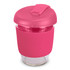 A drink bottle featuring a clear borosilicate body with a pink silicone sleeve and matching lid. It has a logo.