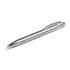 A metal pen with a sleek silver finish and a textured grip. Features a clip and a logo on the body.