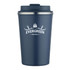 A drink bottle featuring a navy exterior and a stainless steel rim, with a logo on the front.