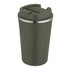 A drink bottle with a double wall vacuum design, featuring an olive green exterior and a stainless steel rim.