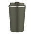A drink bottle in a matte olive green colour with a stainless steel lid and a logo.
