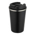 A drink bottle with a double-wall design, featuring a black exterior and a silver band around the top. It has a lid and a logo.
