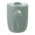 A drink bottle with a matte green finish, featuring a ceramic liner and a transparent lid. It has a logo on the front.