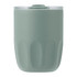 A drink bottle in a muted green colour with a transparent lid and a textured body. Features a logo. 