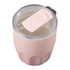 A drink bottle featuring a pink exterior and a clear lid with a sliding opening mechanism. It has a logo on the side.