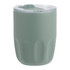 A drink bottle in matte sage green with a clear plastic lid and a textured design. It features a branding logo.