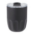 A drink bottle in matte black with a clear lid and a textured base, featuring a logo.