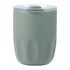 A drink bottle featuring a green exterior with a transparent lid and a ceramic liner inside. It has a simple, rounded design and includes a logo.
