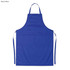 A royal blue cotton apron with a front pocket and ties for fastening. It features a logo.