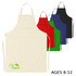 A collection of junior cotton aprons in cream, red, green, blue, and black, featuring a logo on one. Suitable for ages 8-12.