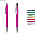A set of plastic pens in various colours, including a vibrant pink pen with a metallic clip.