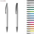 A set of plastic pens in various colours, featuring a sleek white design with chrome accents and a logo.