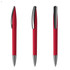 A set of three red plastic pens with chrome accents and a sleek design, featuring a branding logo.