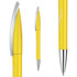 A yellow plastic pen with a silver clip and detailing, featuring branding on the barrel.