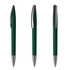 A green plastic pen with a sleek design and chrome accents, featuring a logo.