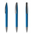 A blue plastic pen with a sleek design and silver accents, featuring a clip and a smooth finish.