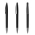 A set of three black plastic pens with shiny silver accents and clips, featuring a sleek design.
