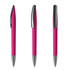 Three views of a pink plastic pen with a shiny silver clip and tip, featuring a sleek design.