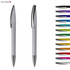 A grey plastic pen with a silver clip, displayed alongside various ink colours in a row on the right.
