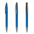 A blue plastic pen with a silver clip, showcased from three different angles.
