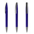 A blue plastic pen with a shiny silver clip and tip, displayed from three angles.
