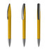 A yellow plastic pen featuring chrome accents, displayed from multiple angles. The pen includes a clip and a logo.