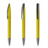 A yellow plastic pen with a shiny silver clip, shown from three angles. The pen features a sleek design.