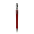 A metal pen in red with a silver clip and a branded logo on the side.
