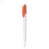 A white plastic pen with an orange clip and tip, featuring a logo on the side.