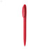 A red plastic pen with a smooth finish and a cap, featuring a branding logo.