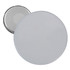 A round button badge with a white front and a metallic backing, featuring a smooth, glossy finish.