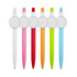 A collection of six plastic pens in white, pink, red, orange, green, and blue, each with a circular badge holder.