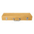 A bamboo storage case with a silver handle and clasp closures, designed for BBQ tools and accessories.