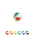 A beach ball in various colours including green, red, blue, yellow, and orange, with a white section and a logo.