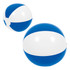 A beach ball featuring alternating blue and white panels, suitable for fun and games. It includes a logo.