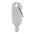 A clear, squeezable bottle with a white twist-off cap and a metal clip attachment.