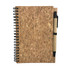 A cork notebook with a black spiral binding and a brown pen attached.