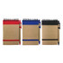 A set of three spiral-bound notebooks in red, blue, and black, each with a matching pen and an elastic band.