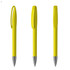 A yellow plastic pen with a sleek design and a clip for attachment, featuring a silver nib.