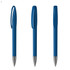 A blue plastic pen with a smooth grip and a chrome tip, featuring a clip and a rounded cap.