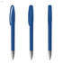 A blue plastic pen featuring a cap and a silver tip, displayed from multiple angles. The pen has a logo.